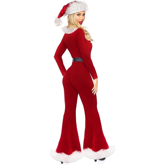 Womens Christmas Santa Costume Velvet Furry Jumpsuit Long Sleeve Romper with Hat - Picture 3 of 8